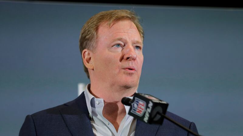 In this Feb. 3, 2020 file photo, NFL Commissioner Roger Goodell speaks during a news...