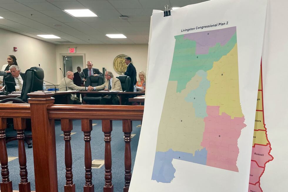 FILE - A map of a GOP proposal to redraw Alabama's congressional districts is displayed at the...
