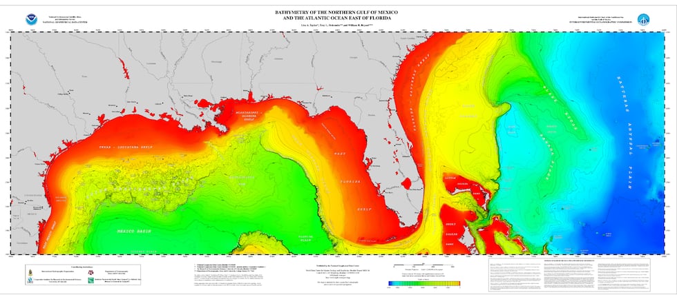 Bathymetric contours of the Northern Gulf of Mexico and the Northern Bahamas.