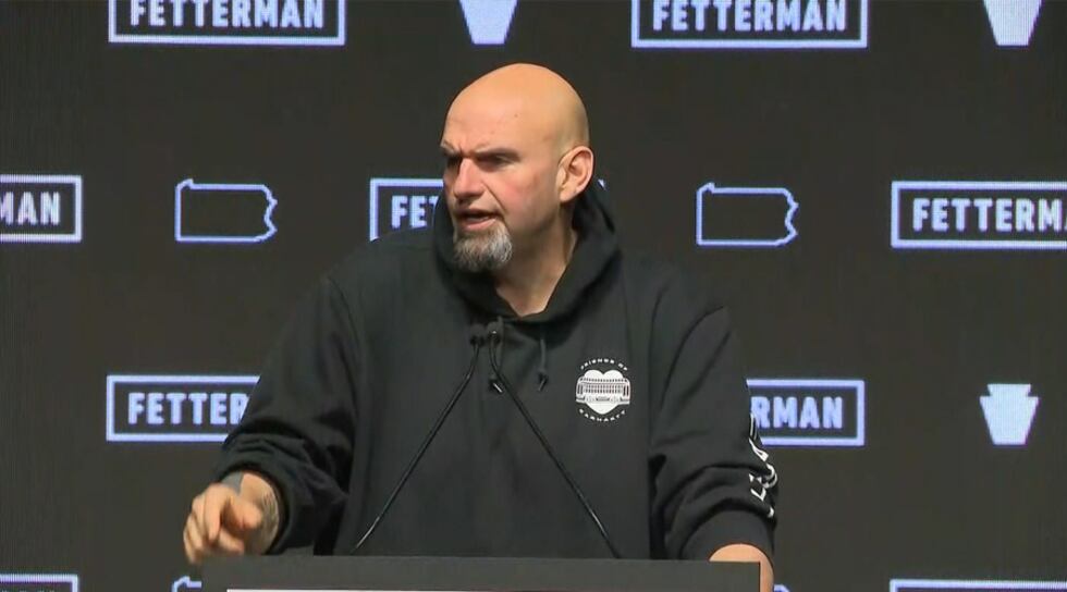 John Fetterman gives a victory speech in Pittsburgh Wednesday night. He is projected to win...
