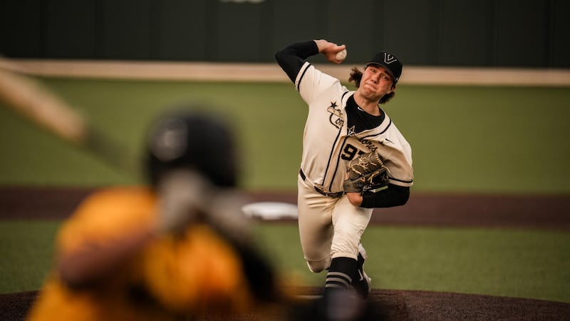 Vanderbilt junior pitcher Bryce Cunningham in the process of making a pitch during a 4-0 win...