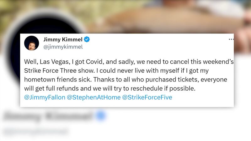 Jimmy Kimmel cancels "Strike Force Three" live show after testing positive for COVID-19.