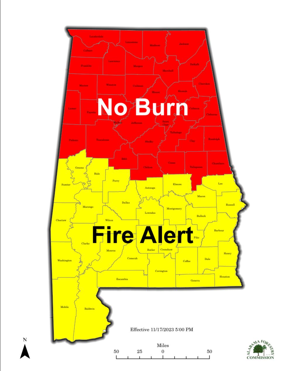 The No Burn Order for the southern half of the state has been changed to a Fire Alert