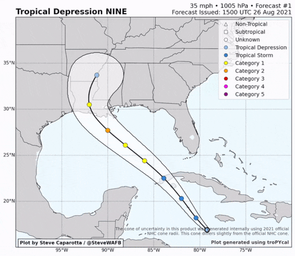 National Hurricane Center forecast cones of uncertainty for Ida from the first advisory through...